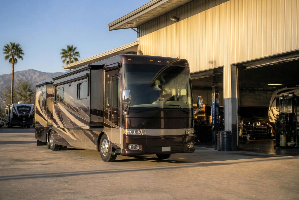 Class A motorhome parked outside VJ's Auto Service repair bays in Arcadia, California
