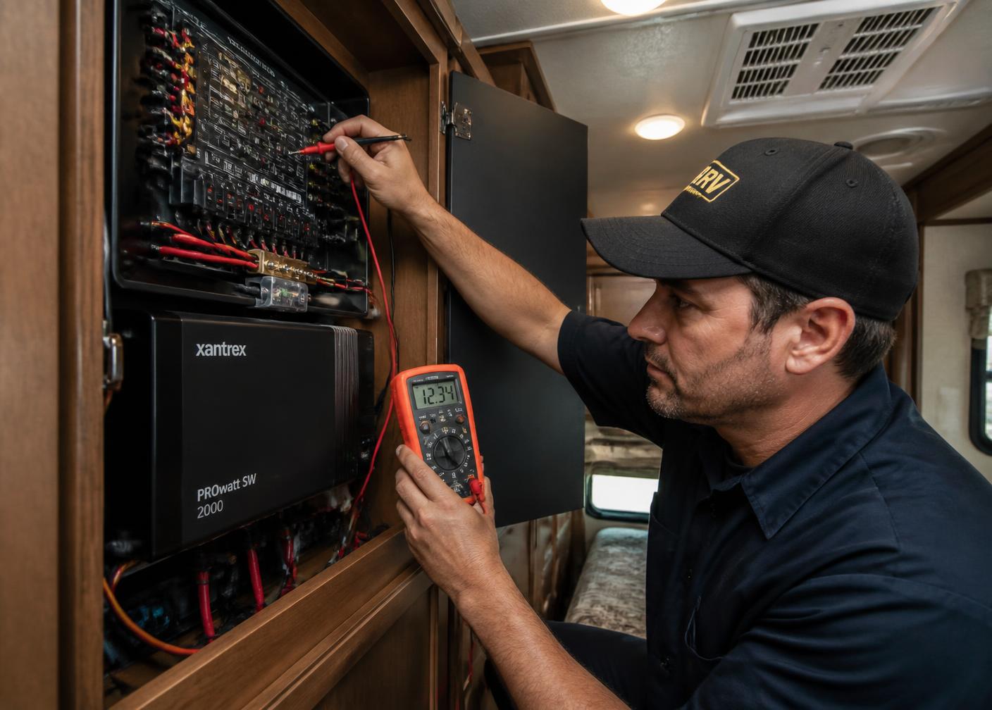 Technician testing an RV 12-volt power panel and inverter with a multimeter